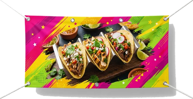 Vinyl banner with a taco photo and bold colors for a taqueria