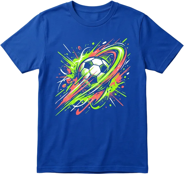 Blue T-shirt with a soccer ball and bright color streaks
