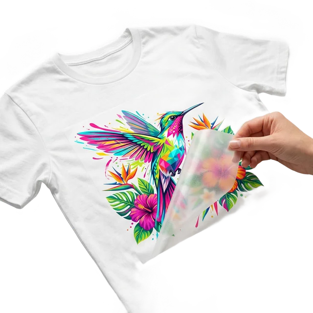 Colorful hummingbird DTF transfer peeling off on a white T-shirt
