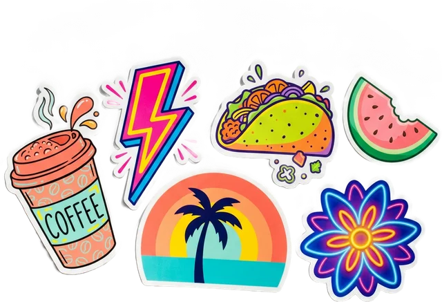 Die-cut stickers: coffee, lightning bolt, taco, watermelon, palm and flower