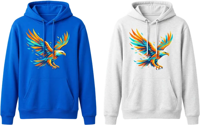 Blue and white hoodies with a colorful eagle