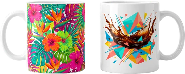 Mugs with tropical flowers and a coffee splash