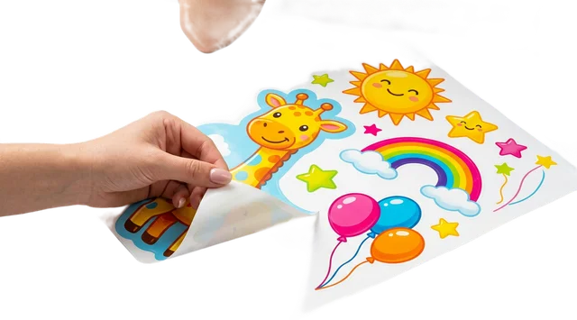Adhesive vinyl giraffe, sun, rainbow and balloon decals for a daycare