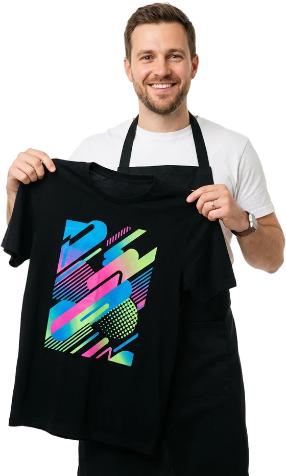 Imprimamos printer in a black apron showing a freshly printed T-shirt