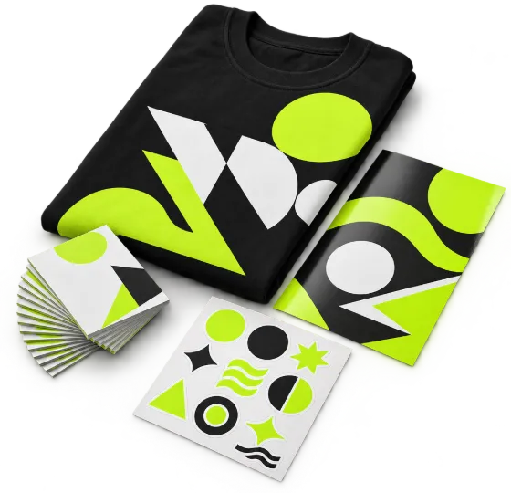 Black T-shirt with a lime print, business cards, a flyer and a sticker sheet printed by Imprimamos